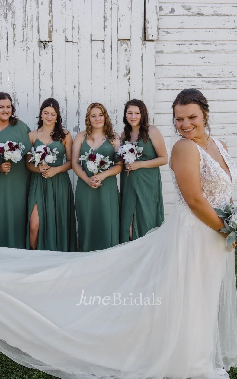 Tulle Plunging Neckline A-Line Simple Sexy Spring Wedding Dress With Low-V Back And Appliques