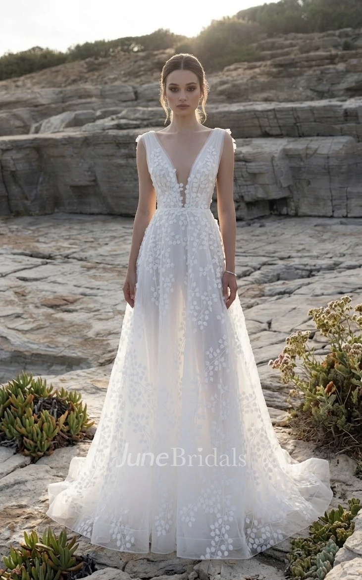 Romantic Petal Lace Flowy Wedding Dress A-Line Deep V-Neck Train Gown
