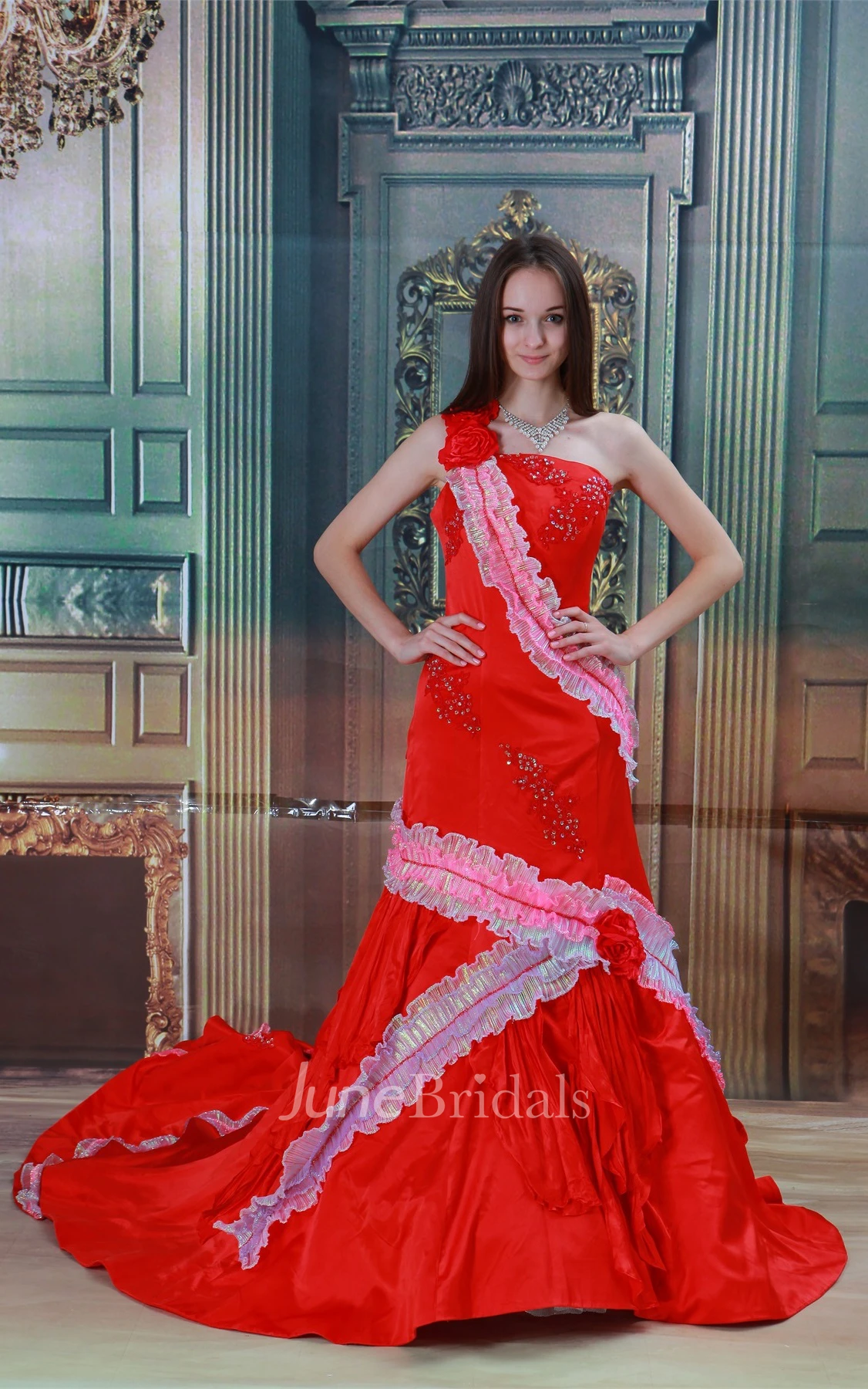 single-strap maxi beaded a-line dress with cathedral train and flower