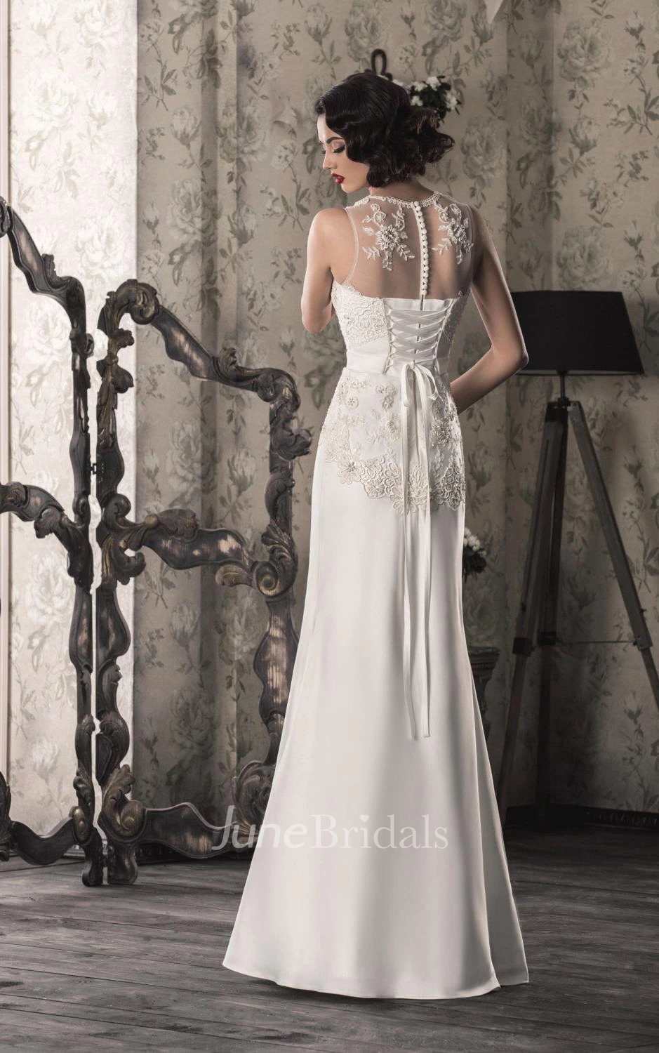 Trumpet Lace Satin Weddig Dress With Illusion Lace-Up Back