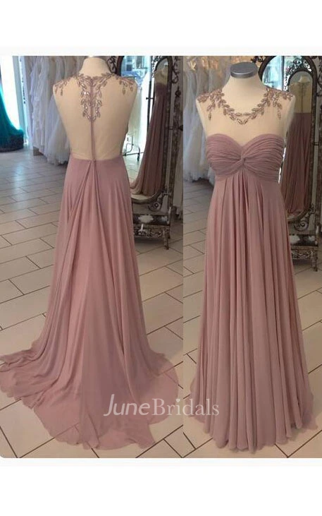 A-line Illusion Chiffon Dress with Pleats and Appliques