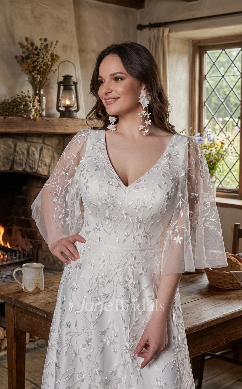 Floral Lace A-Line Wedding Dress with Flutter Sleeves Plus Size V-neck Gown for Big Bust Brides