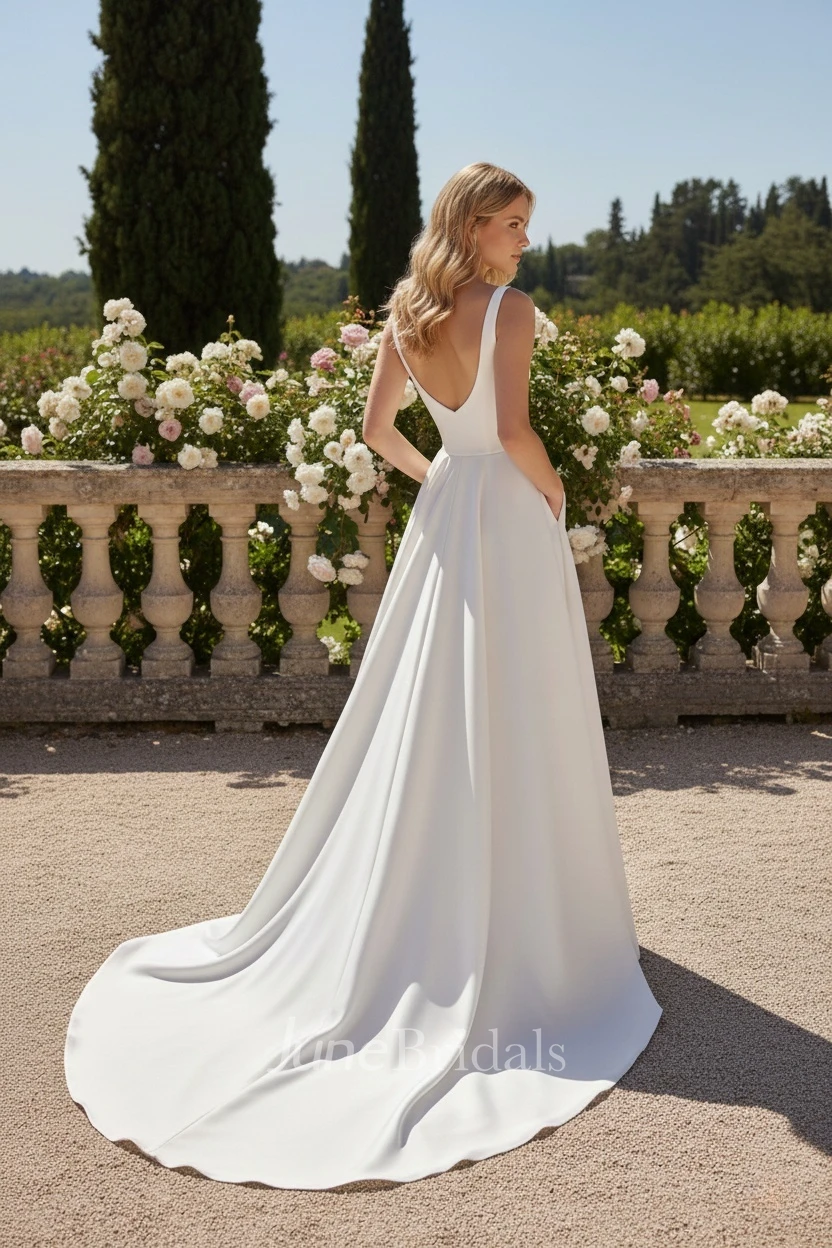 Simple Square Neck Sleeveless Wedding Dress Modern A-Line Slit Satin Bridal Gown