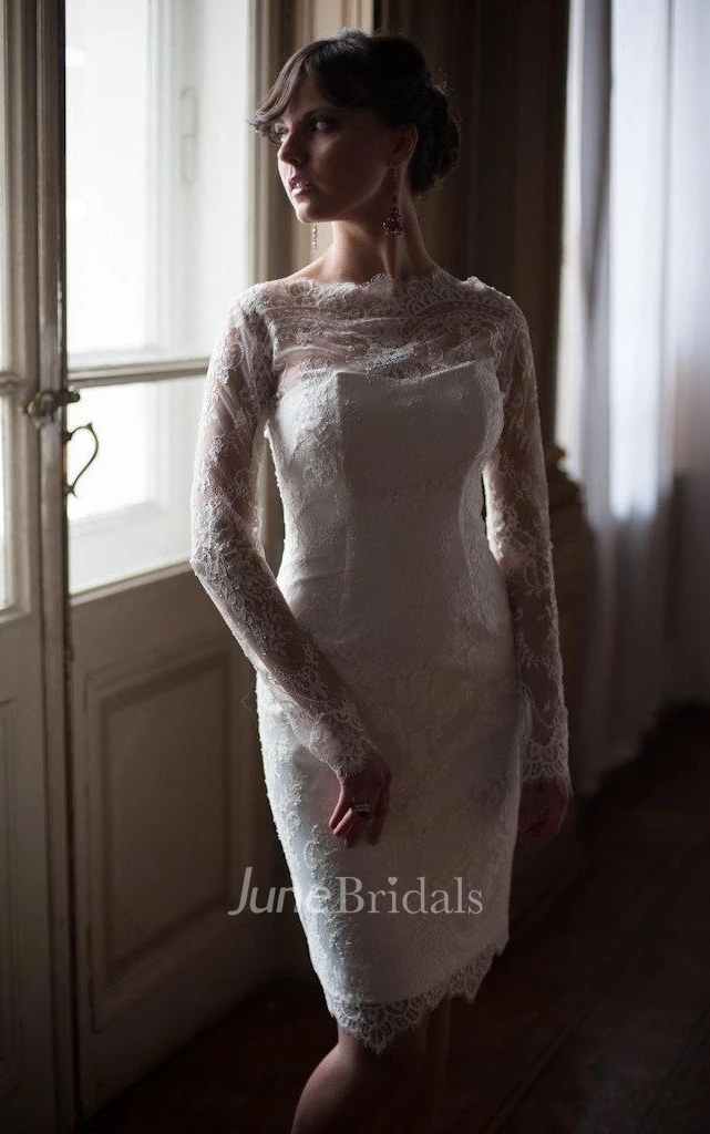 Short Sheath Lace Wedding Dress With High Neck Fitted Style