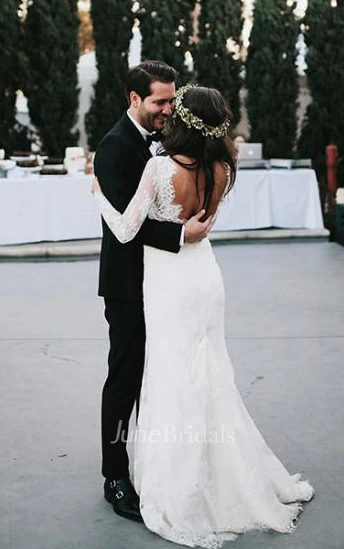 Country Style Sexy Deep V Neck Backless Long Sleeves Lace Court Train Wedding Gown