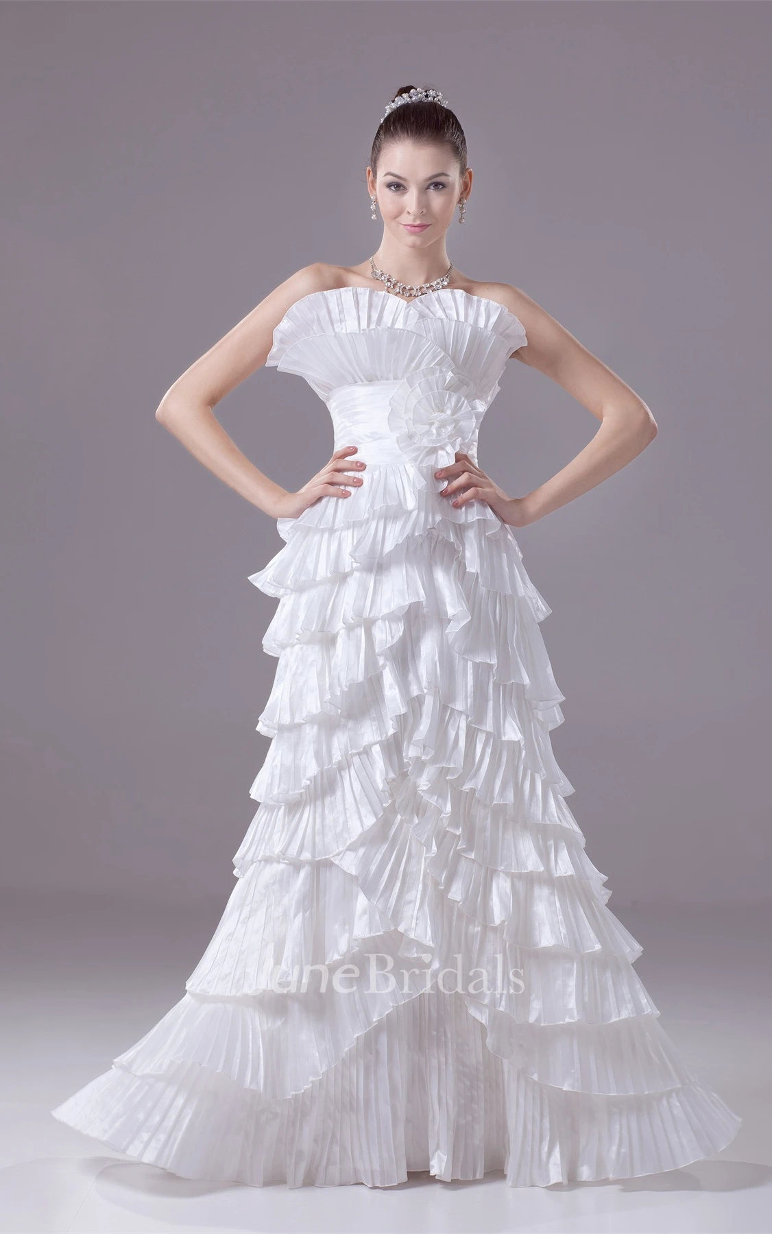 Strapless Tiered Floor-Length Dress with Ruching and Flower