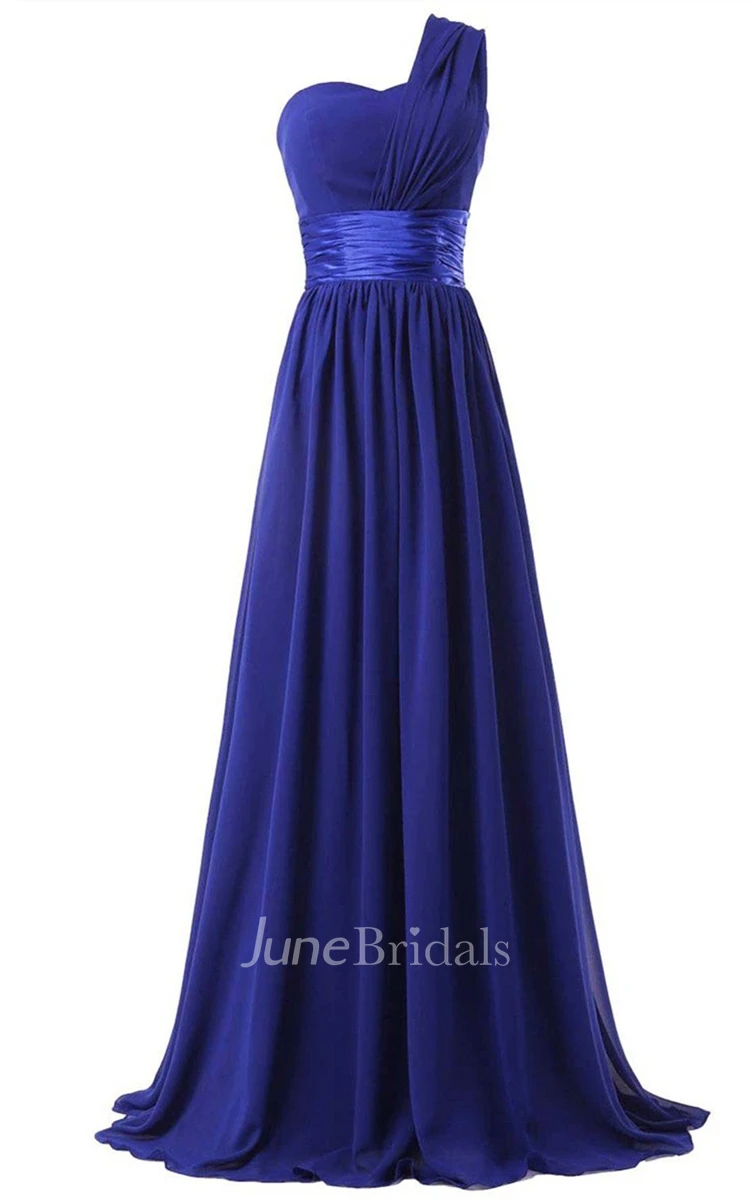 One-shoulder Ruched Sweep Train With Satin Belt