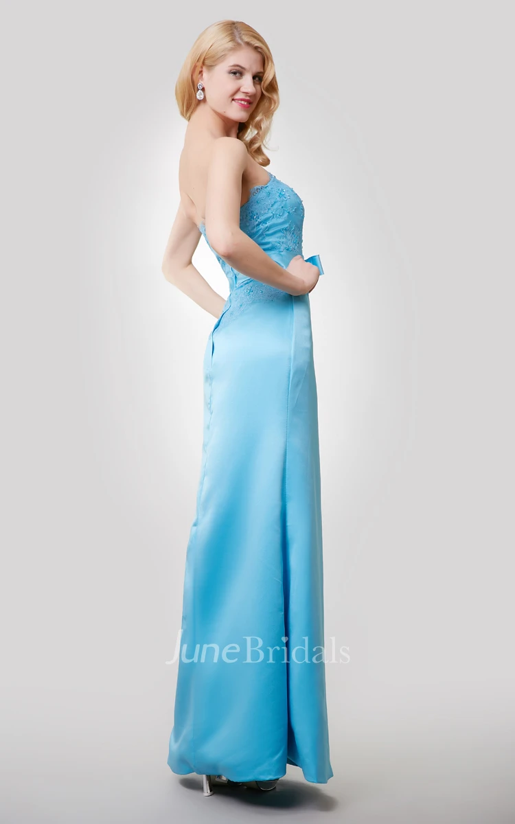 Satin Floor Length Strapless Dress With Beaded Lace Bodice and Bow