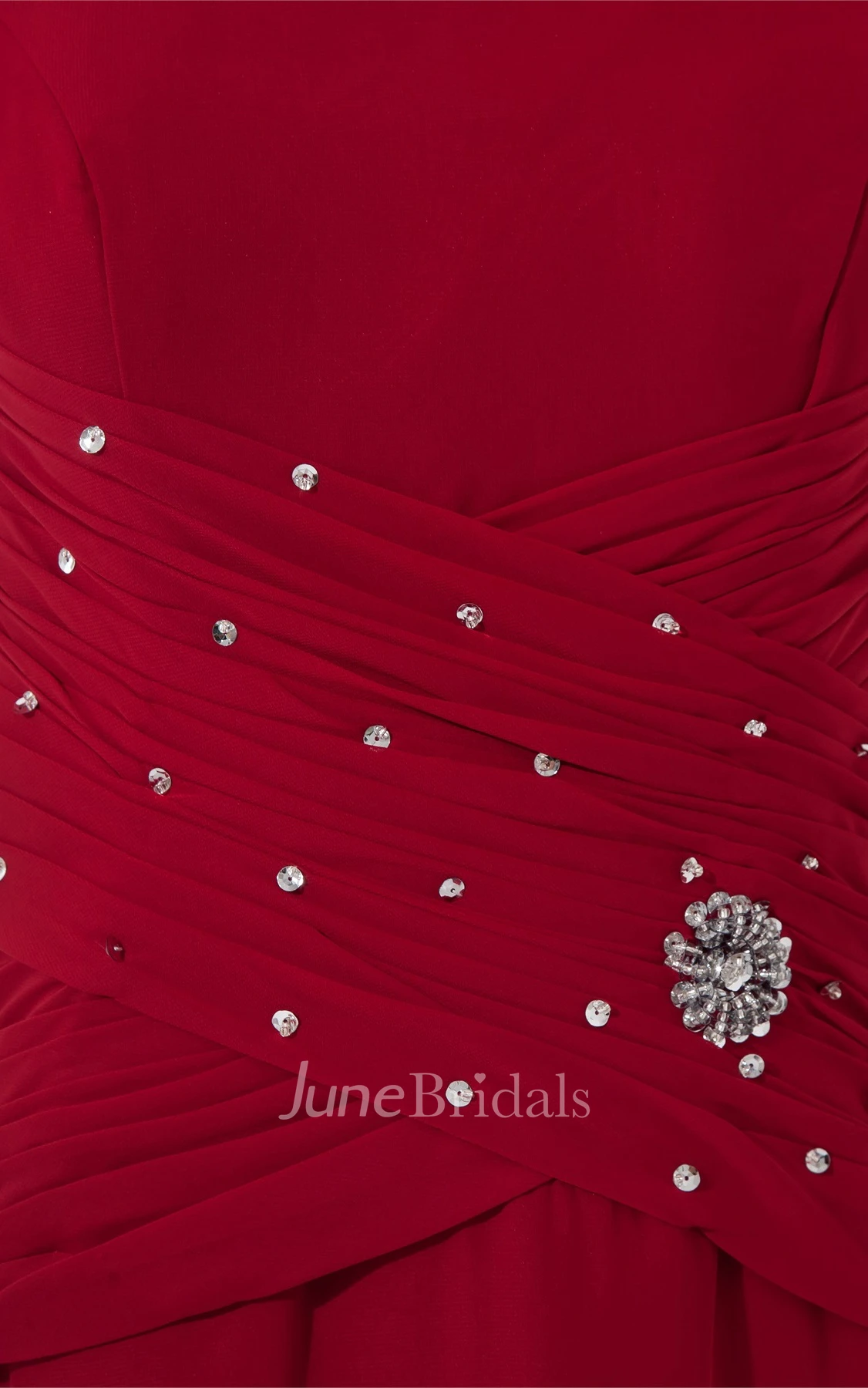 square-neck ankle-length short-sleeve dress with broach and ruching