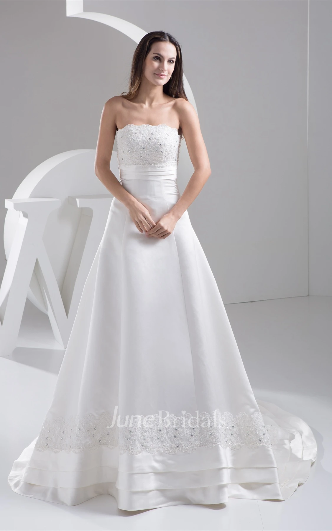 Strapless A-Line Gown with Lace and Ruching