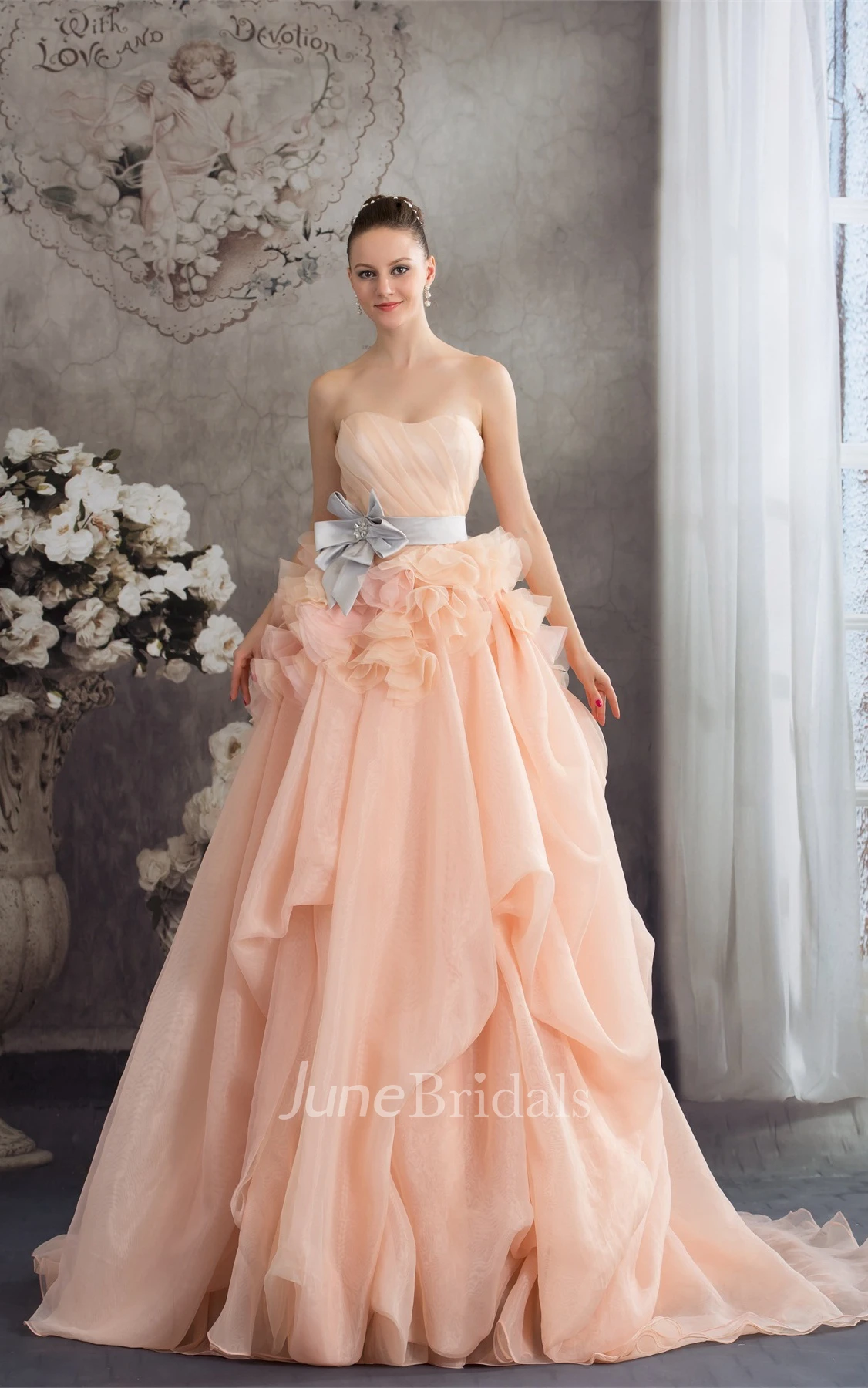 Strapless Ruched Pick-Up Gown with Ruffles and Bow