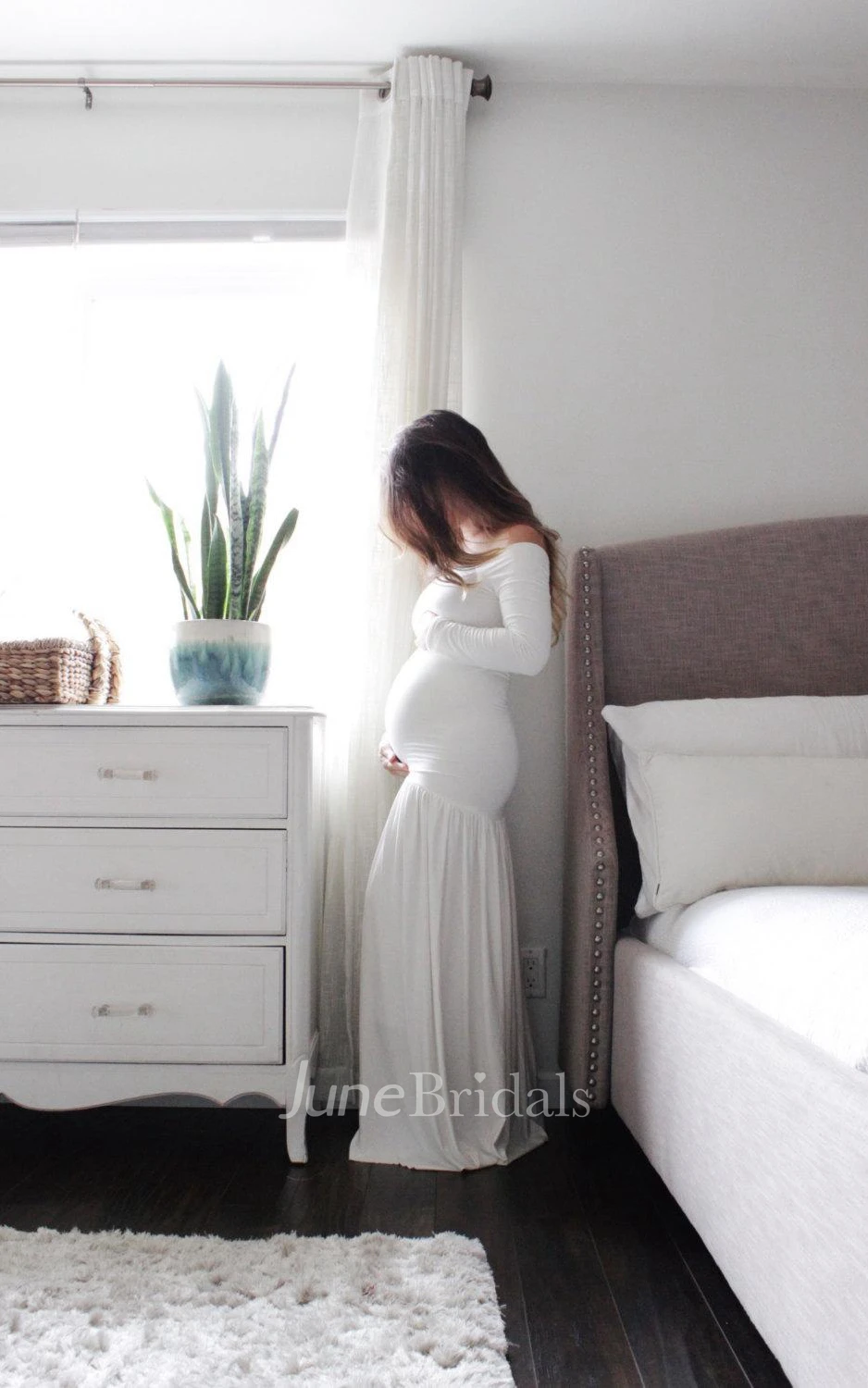 Long Off-The-Shoulder Long Sleeve Jersey Weddig Dress