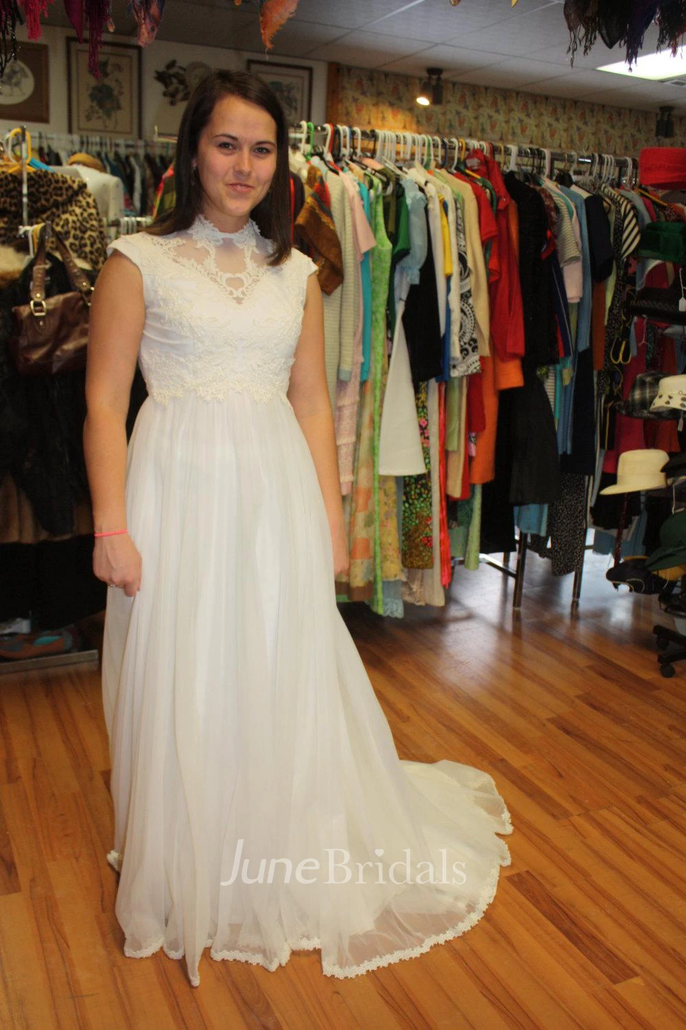 High Neck Cap Sleeve Tulle Wedding Dress With Lace Hemline