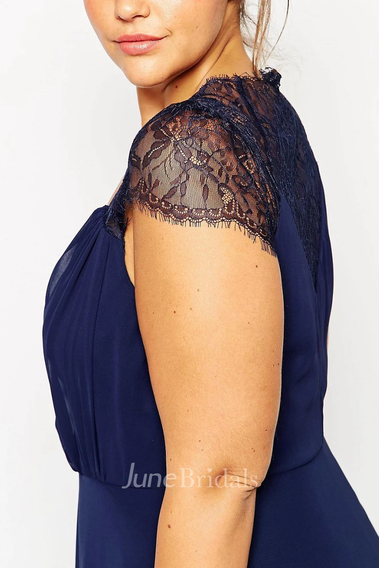 Cap-sleeve V-neck Ankle-length Chiffon Dress With Lace