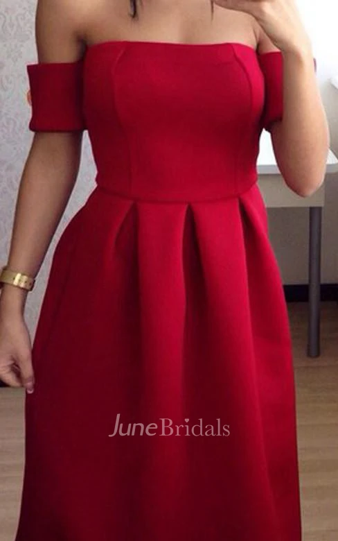 Tea Length Off The Shoulder Pleated Satin Dress