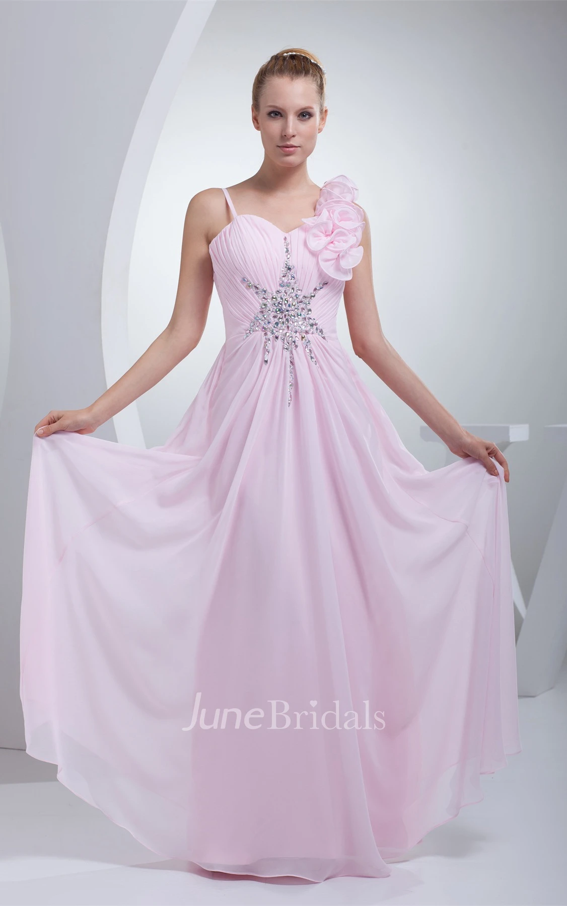 Spaghetti-Straps Ruched Floor-Length Dress with Beading and Floral Embellishment