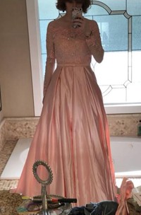 Ball Gown Long Sleeves Off-the-shoulder Beading Satin Floor Length Dress