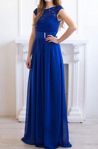 Cobalt Blue Maxi Chiffon Lace Bridesmaid Evening Wedding Party Dress