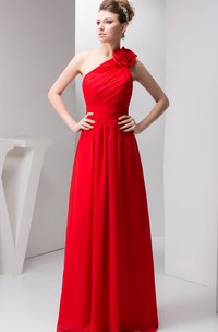 One-Shoulder Chiffon Maxi Dress with Ruching and Floral Epaulet