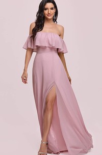 A Line Off-the-shoulder Chiffon Prom Dress With Ruffles and Split Front