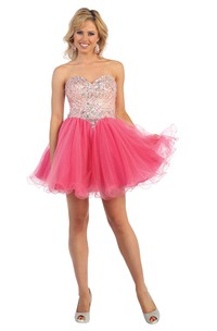 A-Line Short Sweetheart Sleeveless Tulle Backless Dress With Beading And Ruffles
