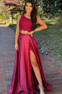 Sexy Two Piece One-shoulder Satin Lace Sleeveless Prom Dress With Split Front