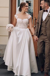 Simple A Line Satin Lace Jewel Sleeveless Wedding Dress with Ruffles