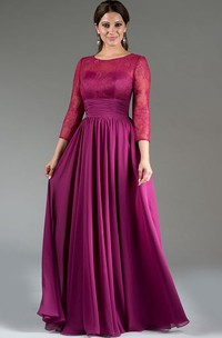 Scoop Neck Lace Top A-Line Pleated Chiffon Long Mother Of The Bride Dress With 3-4 Sleeves