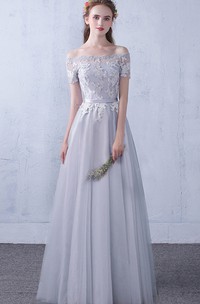 Elegant Lace Tulle Off-the-shoulder A Line Prom Formal Dress With Appliques