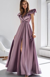 Vintage Satin V-neck A Line Floor-length Prom Dress with Ruching and Split Front