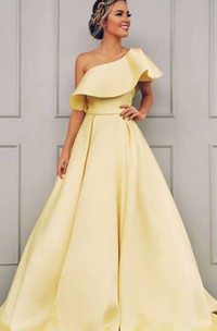 Modern A Line Satin One-shoulder Sleeveless Formal Dress with Ruffles