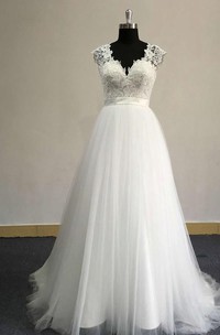 V-Neck Sleeveless Tulle Wedding Dress With Lace Top