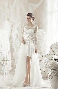 A-Line Knee-Length Square Long-Sleeve Lace Dress With Bow And Appliques