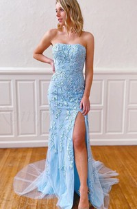 Simple Sheath Sweetheart Lace Sleeveless Court Train Prom Dress With Appliques