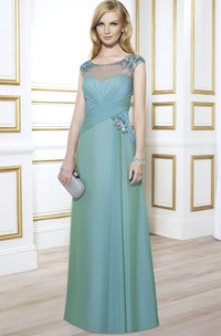 Cap-Sleeve Maxi Scoop-Neck Ruched Satin Formal Dress With Beading
