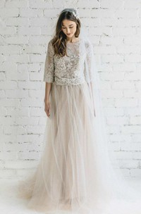 Bateau Lace Half Sleeve A-Line Tulle Dress With Low-V Back