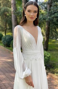 Simple A Line Chiffon V-neck Long Sleeve Wedding Dress With Pleats Ruching and Ribbon
