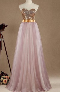 Maxi Strapped Sweetheart Tulle&Satin Dress With Sequins