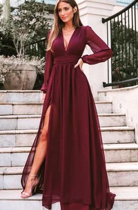 Casual A Line Chiffon V-neck Long Sleeve Evening Dress with Pleats and Split Front