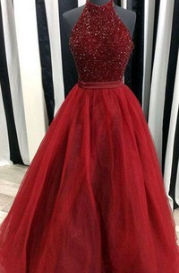Ball Gown High Neck Sleeveless Floor Length Beading Tulle Dress