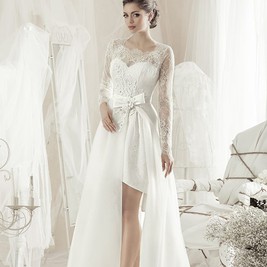 BAU by Bride And You★ Ribbon short sleeve long dress ★2色 Qlfhitm Formal Wedding Dress Two Piece One Shoulder Long