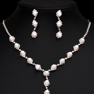 Special Bridal Pearl Design Rhinestone Necklace and Earrings Jewelry Set