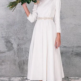 Natural Long Sleeve Taffeta Weddig Dress - June Bridals