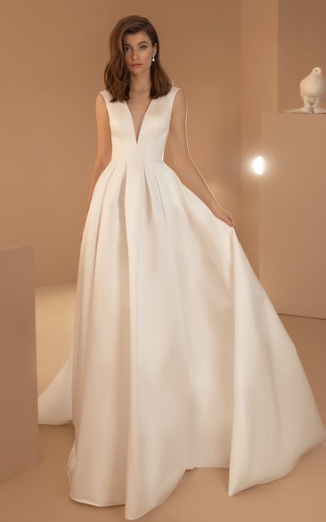 Simple Satin V-neck Ball Gown Sleeveless Wedding Dress with Pockets and Zipper