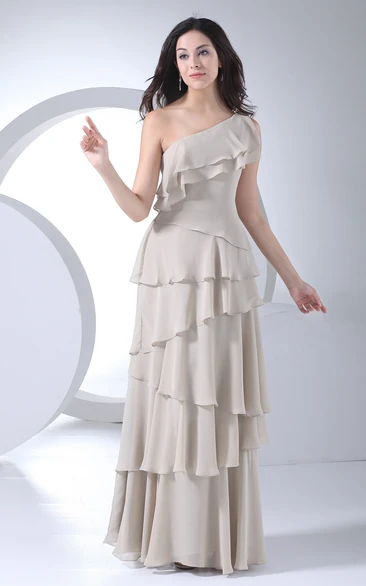 One-Shoulder Floor-Length Chiffon Dress With Tiers