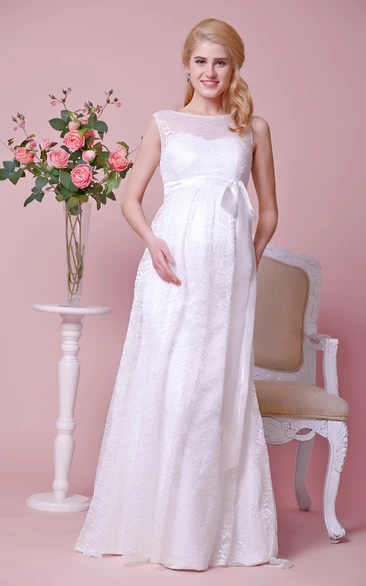 Allover Lace Illusion Bateau Neck Cap-Sleeved Maternity Wedding Dress With Satin Bow