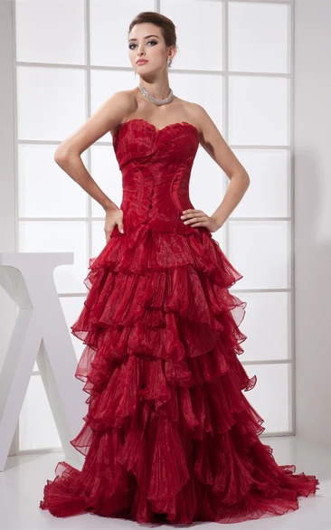 Flamboyant Sweetheart Ruched Dress with Tiers and Sweep Train