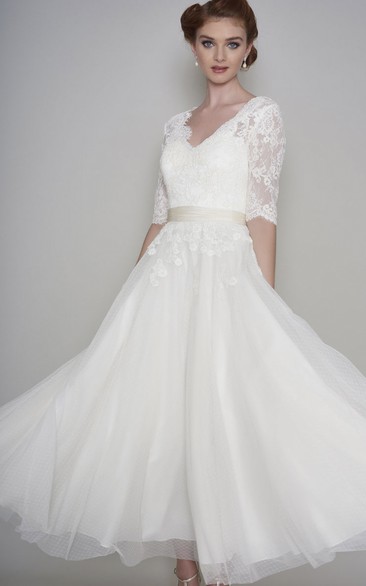Simple Lace and Organza A-line V-neck Half Sleeve Ankle Length Bridal Gown