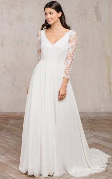 Romantic A Line Floor-length 3/4 Length Sleeve Chiffon V-neck Wedding Dress with Ruching