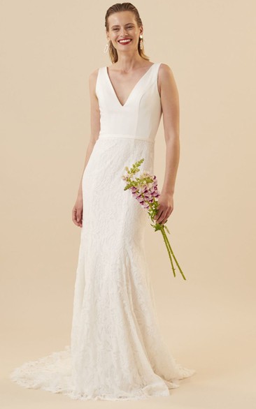 Modern Sheath Floor-length V-neck Sleeveless Lace Wedding Dress 